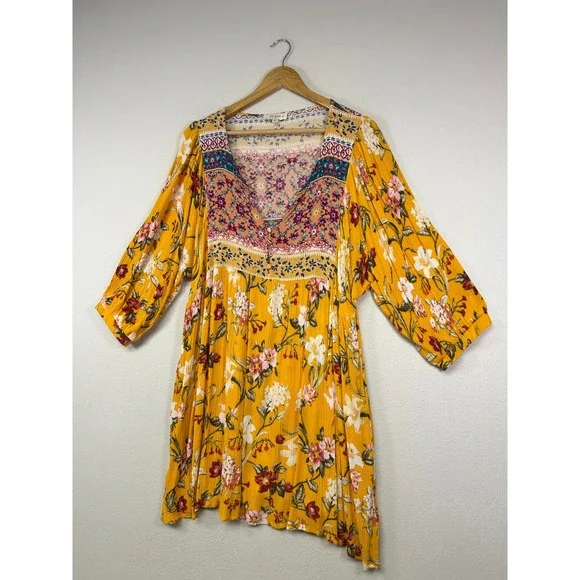 Boho Cottagecore Umgee Womens XL Mustard Yellow Floral Mixed Print Mini Dress - Picture 10 of 10